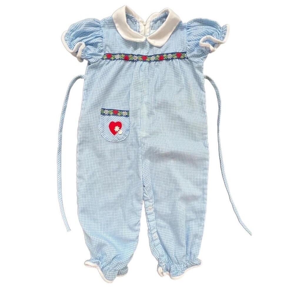 Neiman Marcus Betti Terrell Romper Blue Gingham Smocked Heart Vintage 12-18M